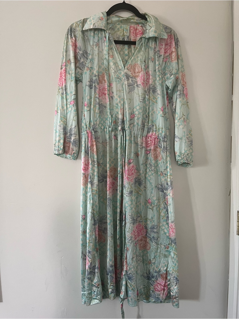 Floral Mint Green Pink Satin Maxi Dress Medium Spa Resort Lounge Caftan Beach